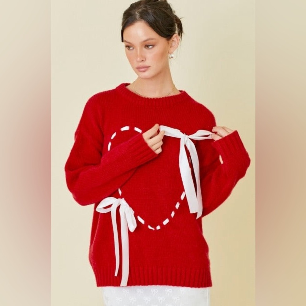 Lace Up Ribbon Heart Sweater with Bows - Main Strip